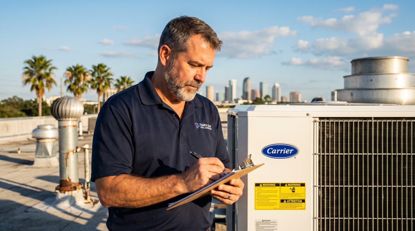 TampaCool technician reviewing an upfront repair quote with a Tampa homeowner